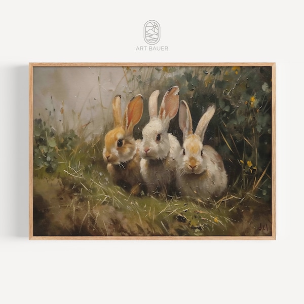 Bunnies Art Print | Antique Oil Painting Print, Farmhouse Decor, Woodland Scene, Digital Download, Woodland Creatures