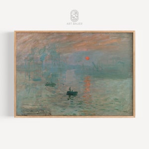 May include: A painting of a foggy seascape with a red sun setting in the distance. Several small boats are visible in the water.