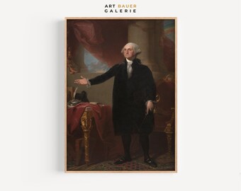 May include: A painting of George Washington, the first president of the United States, standing in a room with a red curtain and a gold chair. He is wearing a black suit and holding a cane. The painting is framed in a wooden frame.