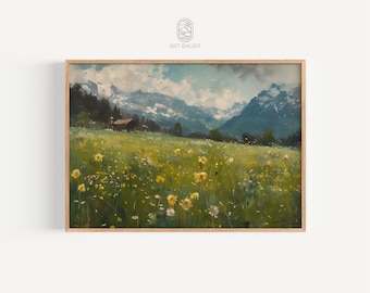 Alpenweide in de zomer | Vintage olieverfschilderij: berglandschap, alpenschoonheid, kunst uitzicht op de bergen, afdrukbare kunst