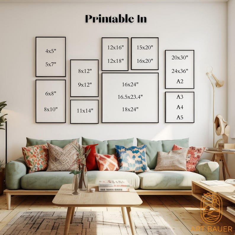 May include: A white wall with a black frame displaying various printable sizes in inches. The sizes include 4x5, 5x7, 6x8, 8x10, 8x12, 9x12, 11x14, 12x16, 12x18, 15x20, 16x20, 16x24, 16.5x23.4, 18x24, 20x30, 24x36, A2, A3, A4, and A5.