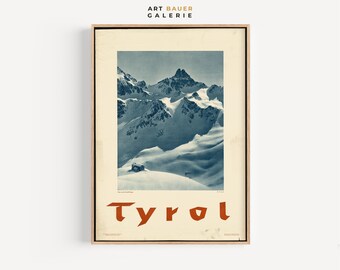 Tyrol Zimowy plakat górski, lata 20. XX wieku | Vintage plakat narciarski, alpejska sztuka ścienna, wystrój ośnieżonego szczytu, sztuka cyfrowa