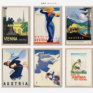 LOT DE 6, sac de voyage autrichien | affiches de ski vintage, ensemble d'oeuvres d'art pour chalet de ski, ensemble de décorations murales de galerie, lot d'oeuvres d'art