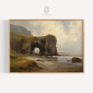 Icelandic Coastline | Vintage Painting - Rock Formation, Beach Landscape, Iceland Coastline, Coastal View, Digital Art