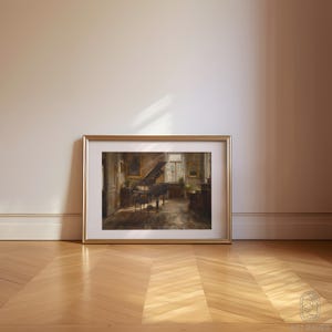 May include: A framed painting of a grand piano in a room with a window and a few pieces of furniture. The piano is dark brown and the room is painted in warm tones.