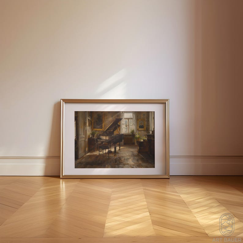May include: A framed painting of a grand piano in a room with a window and a few pieces of furniture. The piano is dark brown and the room is painted in warm tones.
