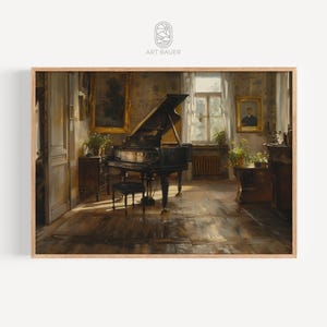 May include: A black grand piano sits in a sunlit room with large windows. The piano is open and the keys are visible. The room is decorated with paintings and plants.