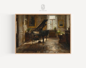 May include: A black grand piano sits in a sunlit room with large windows. The piano is open and the keys are visible. The room is decorated with paintings and plants.