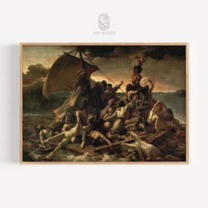 Puede incluir: Una pintura que representa una escena dramática de un naufragio. La pintura muestra a un grupo de personas aferrándose a los restos de un barco en un mar tormentoso. El cielo está oscuro y tormentoso, y las olas rompen alrededor del barco. La pintura está realizada en un estilo realista, con un enfoque en las figuras humanas y sus expresiones de miedo y desesperación.