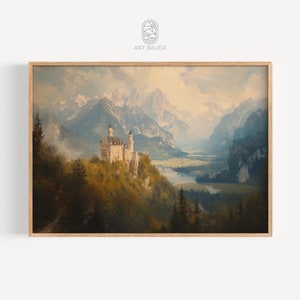 Op de afbeelding: Een schilderij van een wit kasteel dat in een bergdal ligt. Het kasteel is omgeven door weelderige groene bomen en een rivier stroomt door het dal. De lucht is zachtblauw met witte wolken.