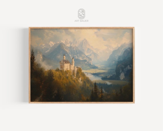 Neuschwanstein Castle Print | Vintage European Art, Digital Download, Fairytale Castle Oil Painting