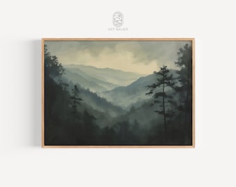 Bosque brumoso en Montañas Humeantes / Impresión vintage - Paisaje de montaña, Decoración campestre, Vista panorámica, Arte imprimible
