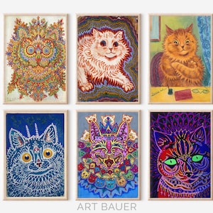 6er SET, Louis Wain Kollektion | Psychedelische Katzenkunst, Louis Wain Set, Galeriewandkunst-Set, Kunst-Bundle