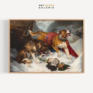 Alpine Mastiffs Reanimating a Distressed Traveler | Landseer, 1804 | Victorian Painting, Snowy Scene, Dog Art, Digital Download