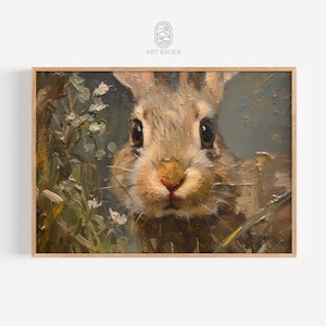 Rabbit in Flowery Meadow | Antique Oil Painting, Digital Print, Wildlife Art, Rustic Home Decor, Bunny Art, Animal Art