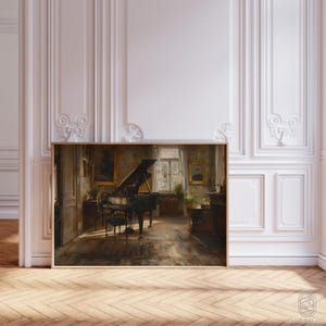 May include: A painting of a grand piano in a room with a large window, sunlight streaming in. The piano is black and has a gold trim. The room is decorated in a traditional style with ornate furniture and paintings on the walls.
