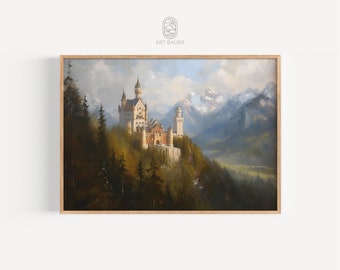 Sprookjeskasteel print | Europese kunst, olieverfschilderij kasteel Neuschwanstein, digitale download, Duitse kunst