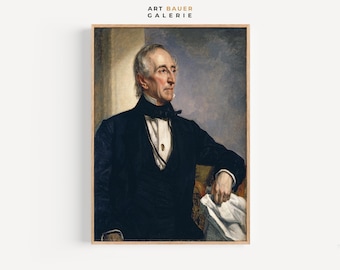 May include: A painting of a man in a dark suit and white shirt with a black bow tie. He is sitting in a chair with his right hand resting on a white cloth. The background is a light blue and purple.