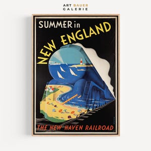 Póster de viaje de verano en Nueva Inglaterra, década de 1920, decoración de pared costera, arte retro costero, recuerdos de vacaciones, arte digital