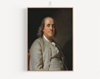 May include: A portrait painting of Benjamin Franklin, a prominent figure in American history, depicted in a gray coat with a white cravat. The painting is set against a dark background.