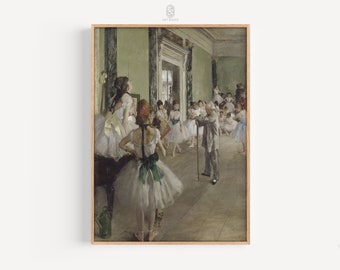 May include: A painting depicting a ballet class in a large room with a green wall. The dancers are wearing white tutus and are in various poses. A man with a cane stands in the center of the room, observing the class.