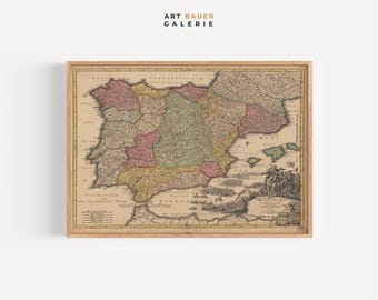 Mappa antica di Spagna e Portogallo / Weigel, 1720 / Stampa mappa rara, mappa vintage, arte murale geografica, download digitale