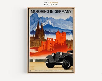 Motoring in Germany Travel Posters, 1920s | Vintage Car Art, German Autobahn, Road Trip Wall Decor, Digital Art