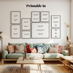 Puede incluir: Una pared blanca con un marco negro alrededor de una variedad de tama&ntilde;os imprimibles, incluyendo 4x5 pulgadas, 5x7 pulgadas, 6x8 pulgadas, 8x10 pulgadas, 8x12 pulgadas, 9x12 pulgadas, 11x14 pulgadas, 12x16 pulgadas, 12x18 pulgadas, 15x20 pulgadas, 16x24 pulgadas, 16.5x23.4 pulgadas, 18x24 pulgadas, 20x30 pulgadas, 24x36 pulgadas, A2, A3, A4 y A5. La pared est&aacute; en una sala de estar con un sof&aacute; verde claro y una mesa de caf&eacute; de madera.