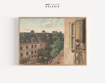 May include: A watercolor painting depicting a woman looking out of a window in a building. The building is surrounded by other buildings and trees. The painting is framed in a light wood frame.