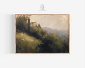 May include: A painting depicting a landscape with a small house in the distance. The house is surrounded by trees and hills. The sky is a light blue with some clouds. The painting is executed in a realistic style.