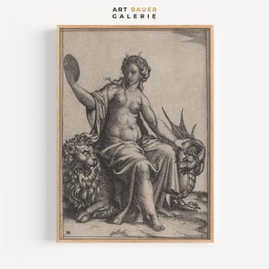 May include: A black and white engraving of a woman seated on a lion and a dragon. The woman is holding a mirror in her left hand and her right hand rests on the dragon's head. The engraving is framed in a wooden frame.