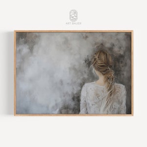 May include: A painting of a woman with long, braided hair, wearing a white lace dress. The background is a muted gray with hints of blue and white.