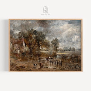 May include: A painting depicting a rural landscape with a cottage, trees, and a flooded field. People and animals are walking through the water, and a cart is being pulled by a horse. The sky is cloudy and overcast.