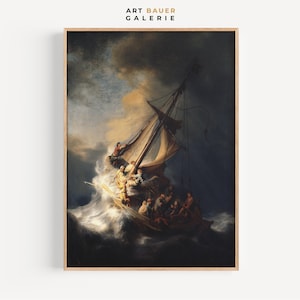 May include: A painting of a ship caught in a stormy sea. The ship is being tossed about by the waves, and the people on board are struggling to stay afloat. The sky is dark and stormy, and the waves are crashing against the ship. The painting is a classic example of the Dutch Golden Age of painting.
