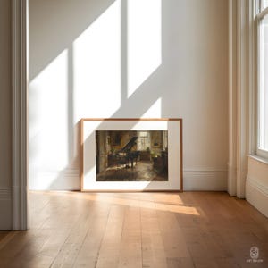 May include: A framed print of a vintage photograph depicting a grand piano in a room with high ceilings and large windows. The piano is positioned in the center of the room, with sunlight streaming through the windows.
