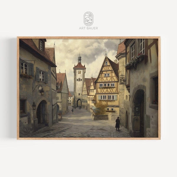 19tes Jahrhundert Rothenburg | Vintage Europäische Kunst, Märchendorf Ölgemälde, Digital Download