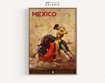 May include: Vintage travel poster for Mexico featuring a colorful painting of a bullfight. The poster includes the text "MEXICO" in red letters and the text "DEPARTAMENTO DE TURISMO SECRETARIA DE GOBERNACION ASOCIACION MEXICANA DE TURISMO MEXICAN TOURIST ASSOCIATION".