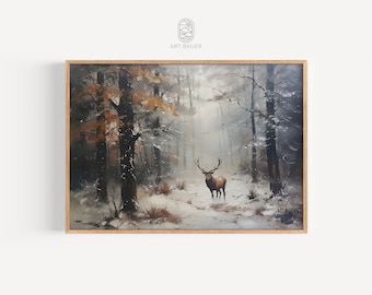 Può includere: Un dipinto incorniciato che rappresenta una scena di bosco innevato con un cervo in piedi al centro del sentiero. Il cervo è marrone con grandi corna. Gli alberi sono spogli e coperti di neve. Lo sfondo è di un blu nebbioso.