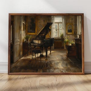May include: A vintage painting of a grand piano in a sunlit room. The piano is black with ivory keys and is positioned in the center of the room. The room has high ceilings and large windows, and the walls are decorated with paintings and other artwork. The painting is framed in a dark wood frame.