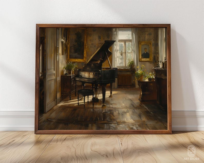 May include: A vintage painting of a grand piano in a sunlit room. The piano is black with ivory keys and is positioned in the center of the room. The room has high ceilings and large windows, and the walls are decorated with paintings and other artwork. The painting is framed in a dark wood frame.