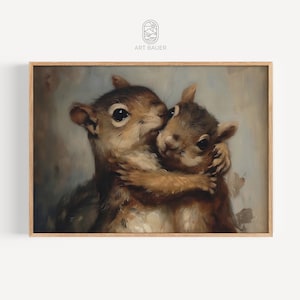 May include: A painting of two squirrels hugging each other. The squirrel on the left is brown and white, and the squirrel on the right is brown and has a white belly. The squirrels are painted in a realistic style, and the background is a soft blue.