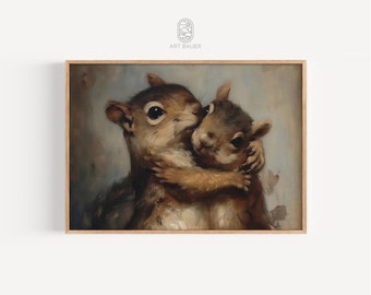 Abrazo del bosque / Amigos ardilla Pintura al óleo, Arte del bosque, Arte de la pared, Decoración de la cabina, Arte animal, Descarga digital