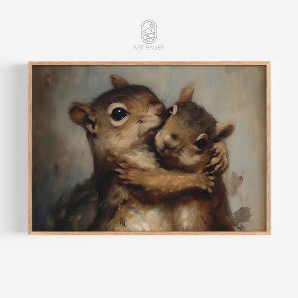 Woodland Embrace | Squirrel Friends Oil Painting, Woodland Art, Wall Art, Cabin Decor, Animal Art, Digital Download