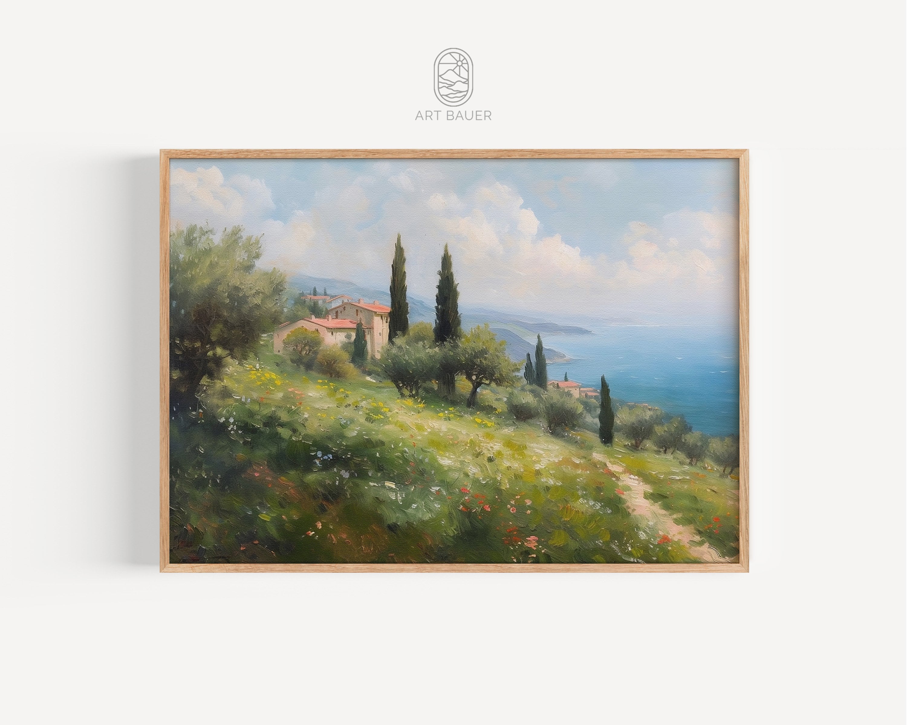Tuscan Coastline Vintage Oil Painting Coastal Landscape, Tuscan Villas 