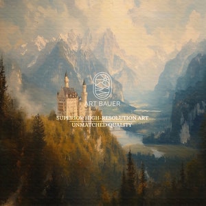Puede incluir: Una pintura de un castillo blanco ubicado en un valle de monta&ntilde;a. El castillo est&aacute; rodeado de exuberantes &aacute;rboles verdes y un r&iacute;o serpentea por el valle. El cielo es de un azul suave con nubes blancas. El texto "Art Bauer" y "Superior High-Resolution Art Unmatched Quality" est&aacute; impreso en la imagen.
