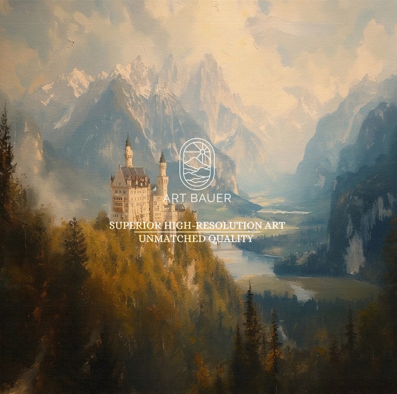 Puede incluir: Una pintura de un castillo blanco ubicado en un valle de monta&ntilde;a. El castillo est&aacute; rodeado de exuberantes &aacute;rboles verdes y un r&iacute;o serpentea por el valle. El cielo es de un azul suave con nubes blancas. El texto "Art Bauer" y "Superior High-Resolution Art Unmatched Quality" est&aacute; impreso en la imagen.