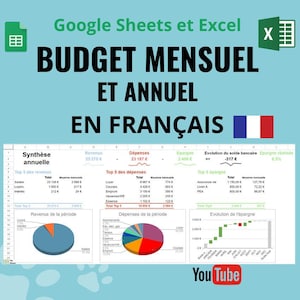 Peut inclure: Un écran d'ordinateur affichant une feuille de calcul avec une ventilation budgétaire en français. La feuille de calcul présente les revenus, les dépenses et les économies mensuels et annuels. La feuille de calcul est intitulée "Budget Mensuel et Annuel en Francais".