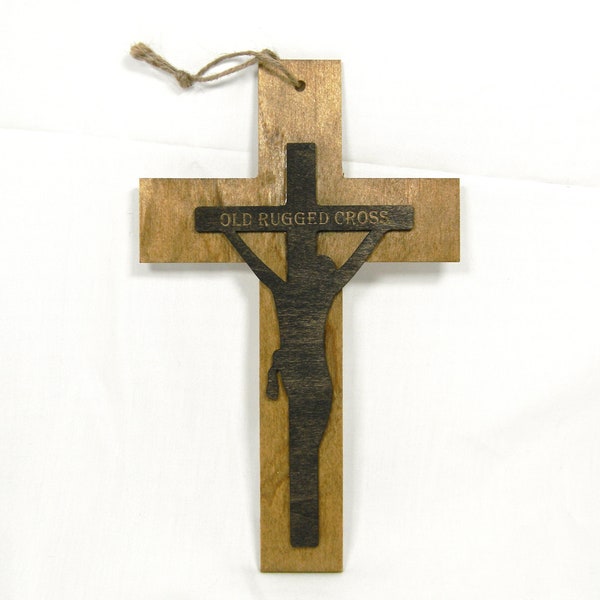 Old Rugged Cross Wooden Laser Cut Jesus Crucified Sign, 3D Layered Basswood, 9 1/2" Tall x 6" Wide With Twine Hanger, Crucifixion Plaque