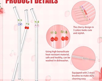 6 reusable glass straws with 2 cleaning brushes, lovely colored cherry glass straws, shatterproof, dishwasher safe, smoothies, juices, teas