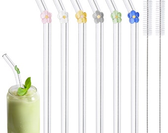 6 Pcs reusable glass straws, 2 cleaning brushes, reusable pretty flower straws for smoothies, milkshakes, juices, teas